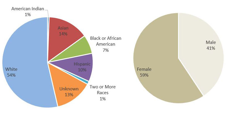 Pie charts describing the diverse mix of students by race and gender