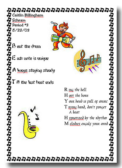 acrostic poem examples. Acrostic Poem - Band and Choir