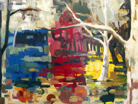 Land Park, oil painting, trees with red yellow and blue