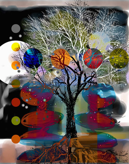 Digital image-central dark tree-painted background with dots