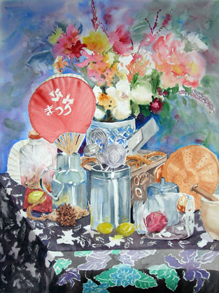 still life with shiny metal and flowers