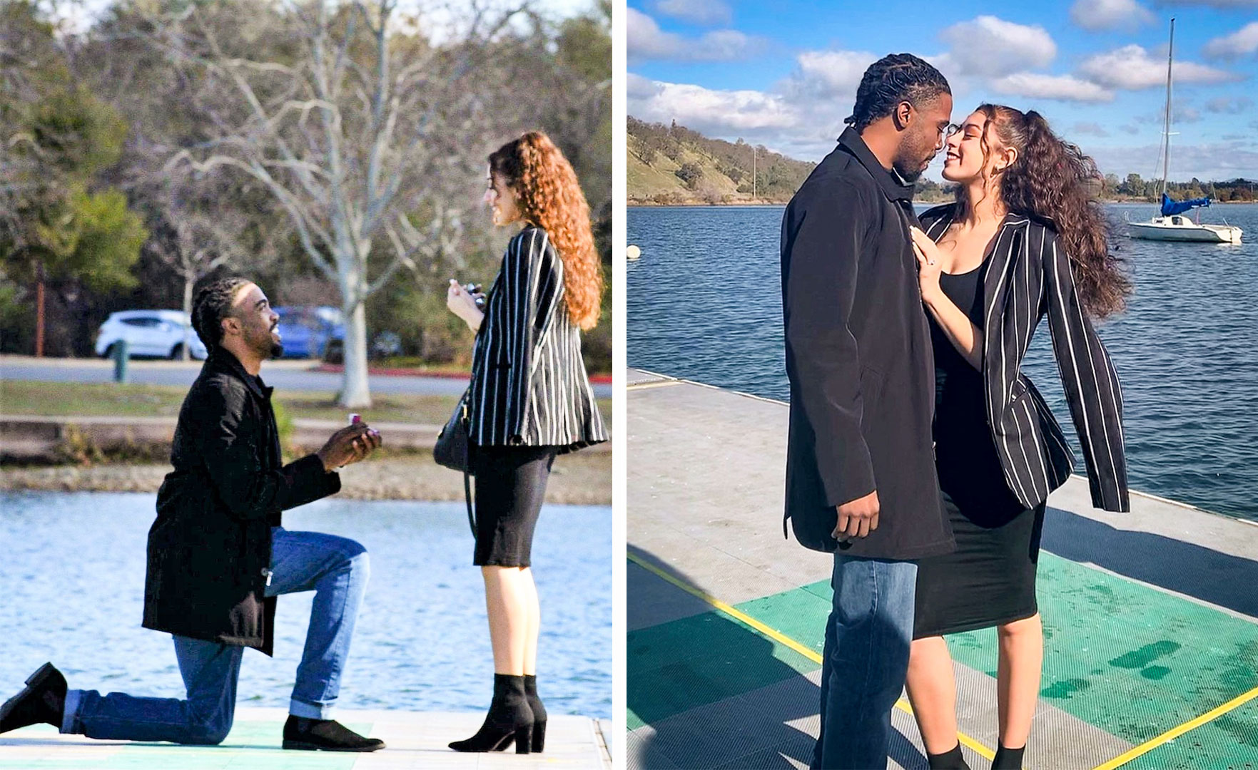 A collage showing DeAndre Witz on one knee proposing to Diana Contreras, and them smiling after