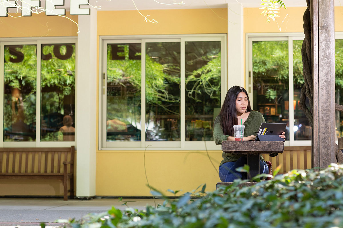 A photo of a student studying outside on an iPad