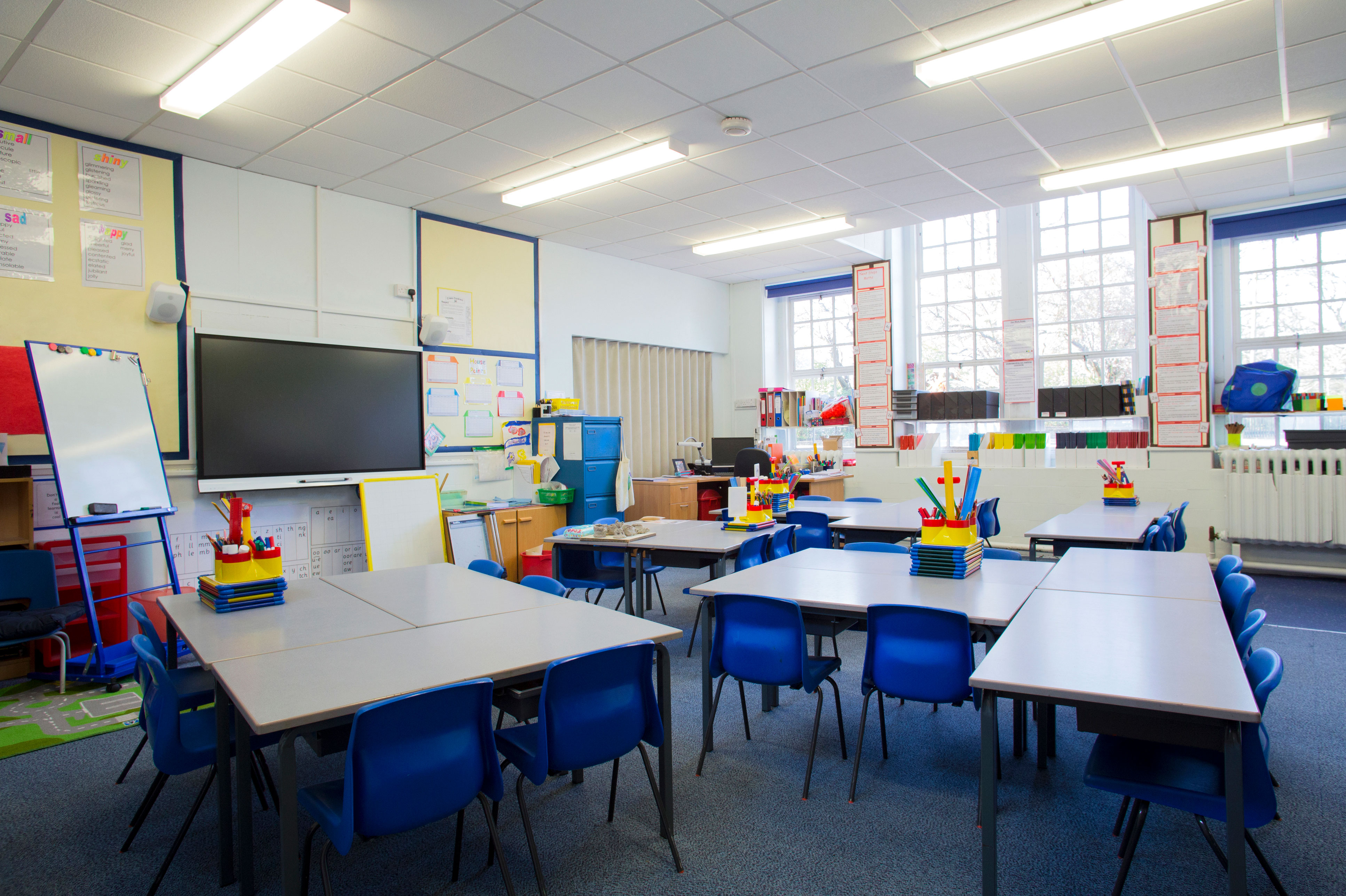 A photo of an empty elementary school classroom