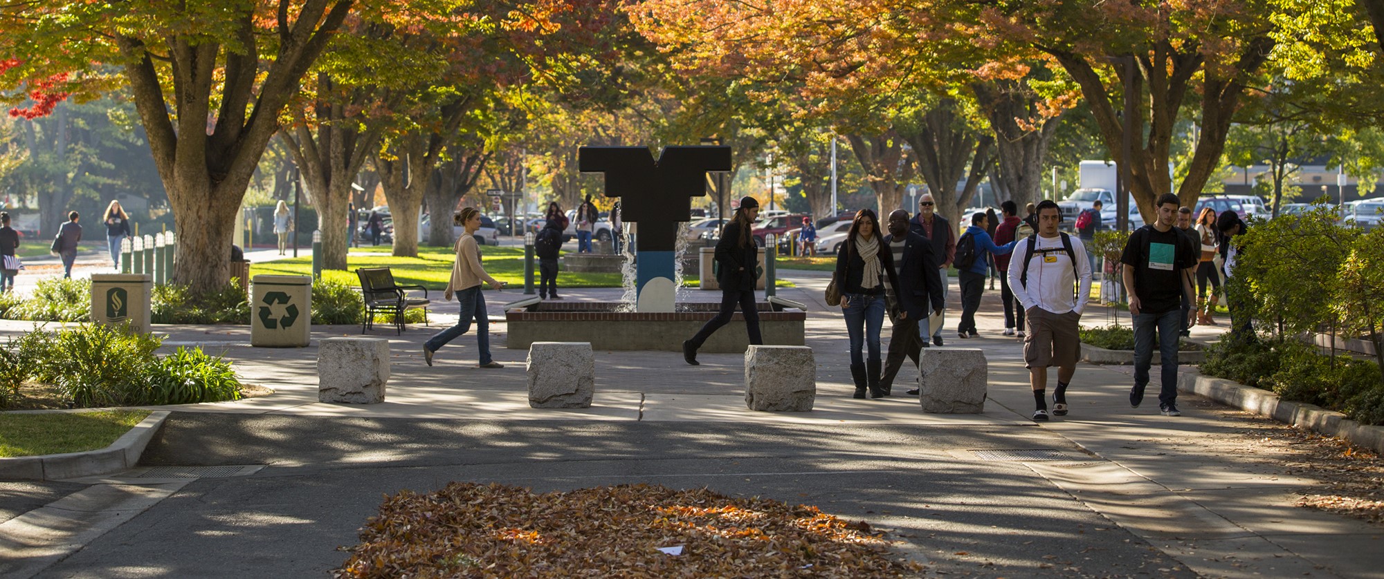 fall campus near the bookstore fountain