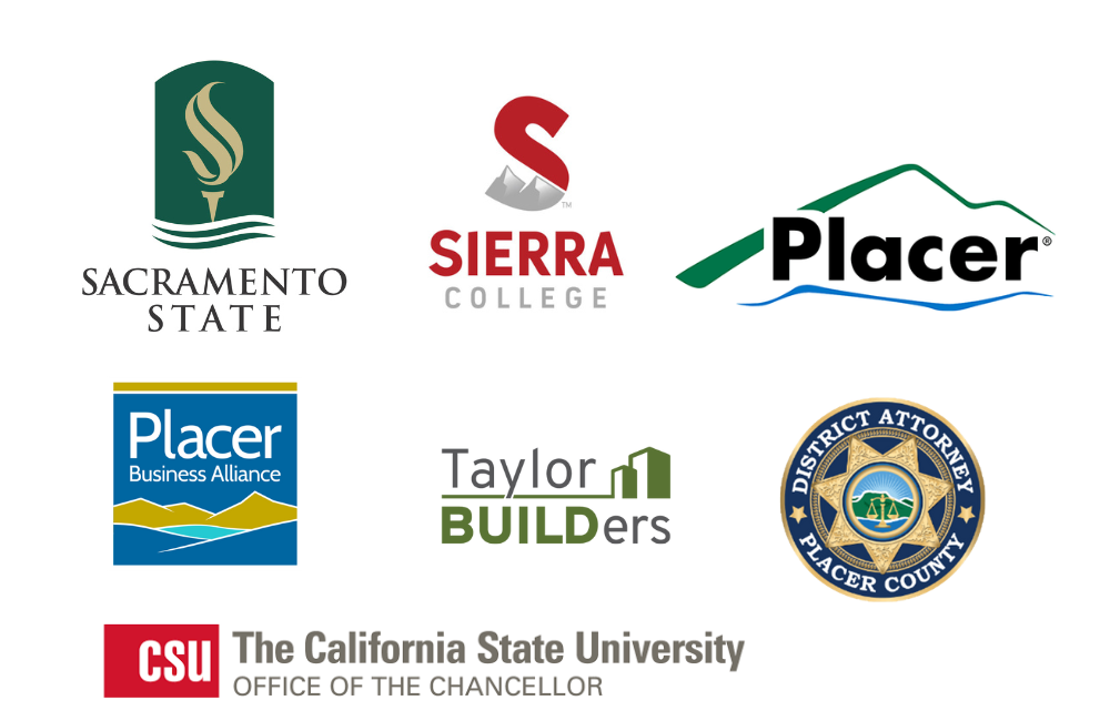Partner logos for Sac State, Sierra College, Placer County, Taylor Builders, CSU, Placer Business Alliance, and Placer County DA.