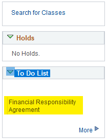 screenshot of To Do List menu showing the Financial Responsibility Agreement