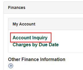 screenshot of Student Center menu with Account Inquiry squared in red