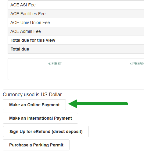 screenshot of Student Account menu with an arrow pointing to Make an Online Payment