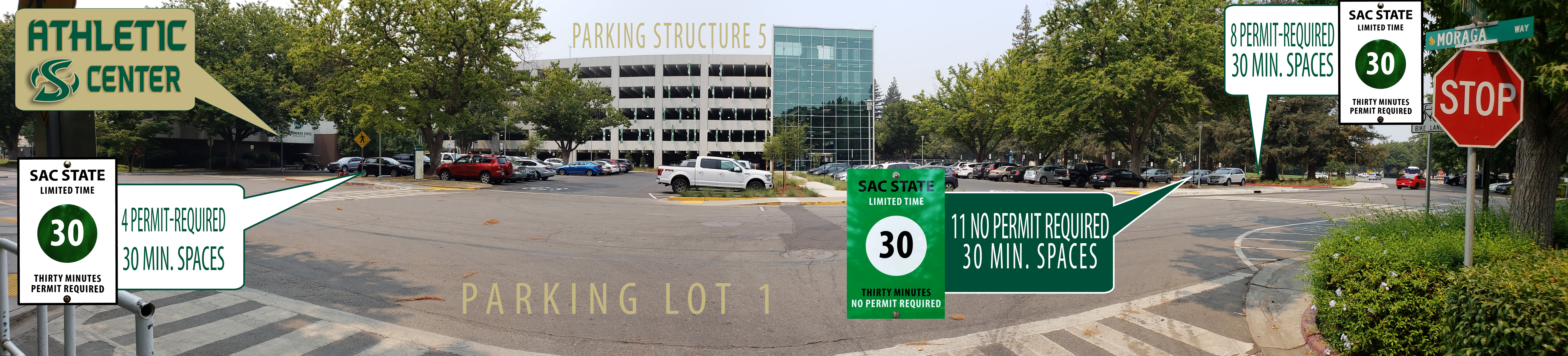 image of Parking Lot 1 showing 30 minute parking on both east and west ends of the lot