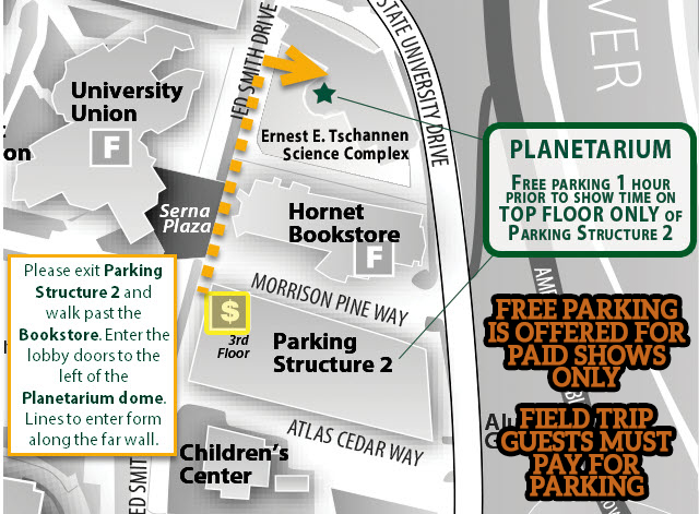 cropped sacramento state campus map showing planetarium location and relevant parking info