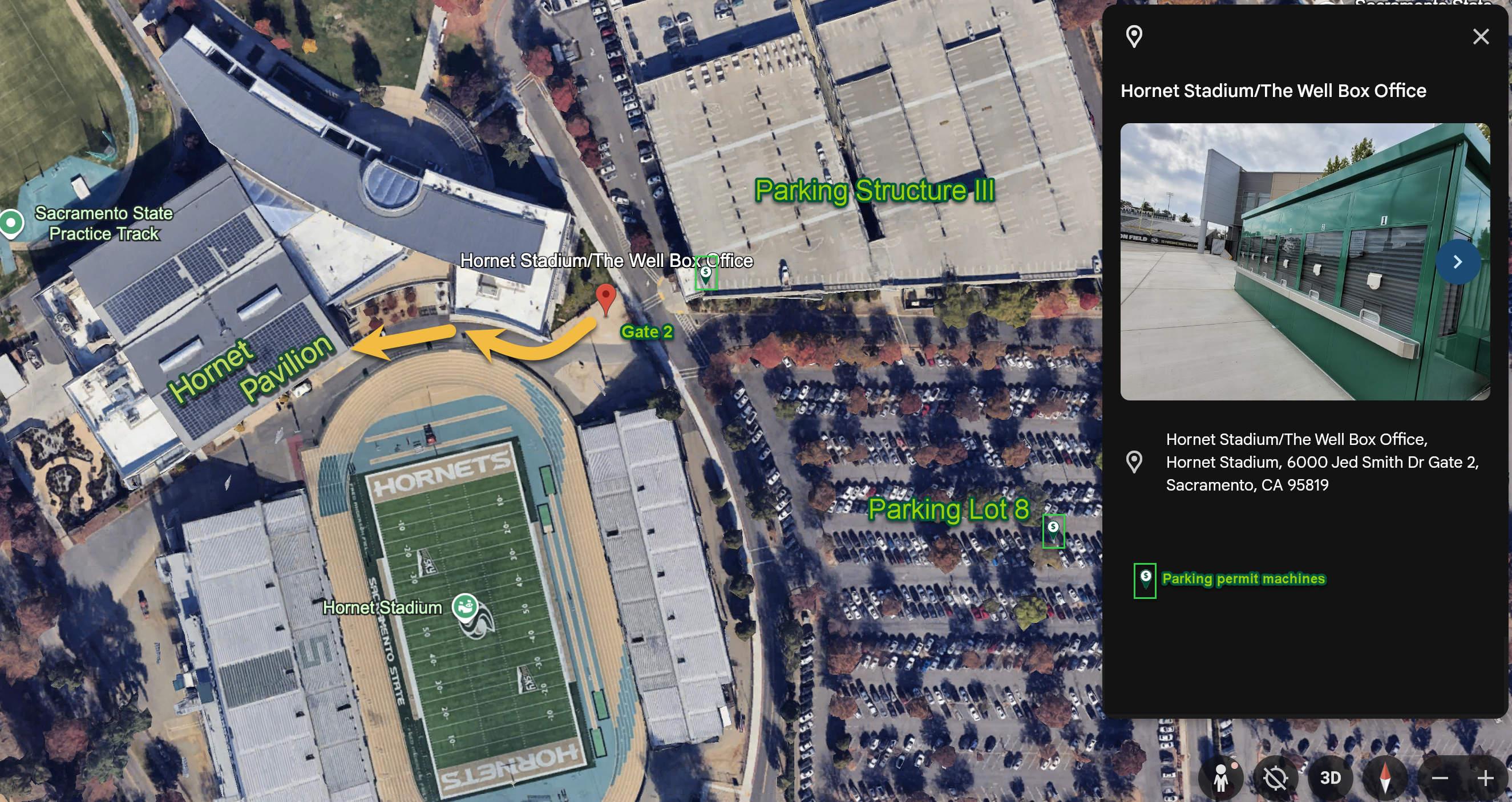 screenshot of google images with labeling of location for hornet pavilion, the ticket office, entry gate and parking