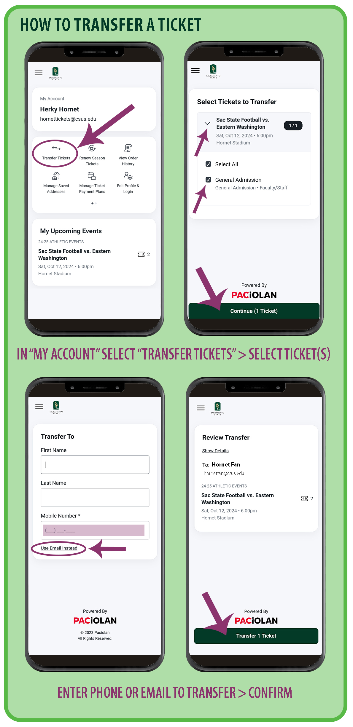 4 screenshots show the steps towards transferring a ticket