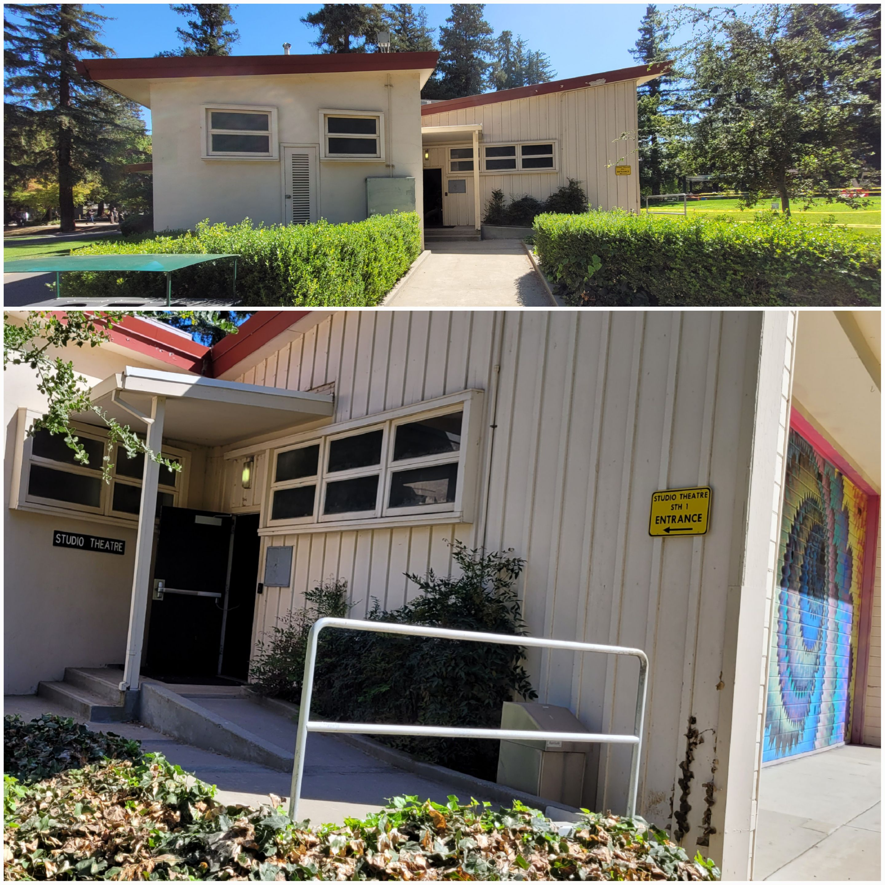 Pictured: The view from the walkway that connects to Capistrano (top) and an angled view from the South side of the building showing the entrance around the corner from the mural (bottom).