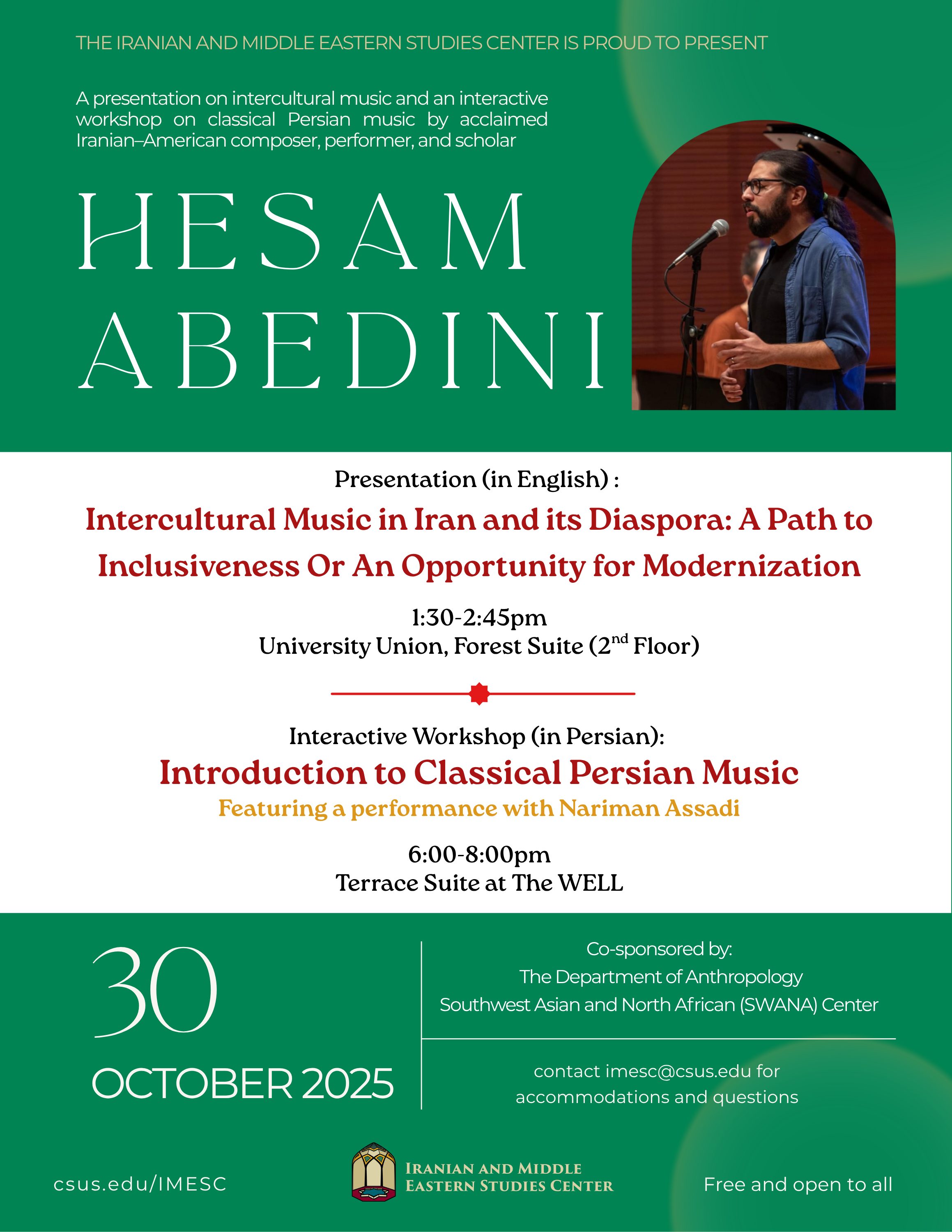 Abedini flyer October 30 presentation and interactive workshop Iranian music