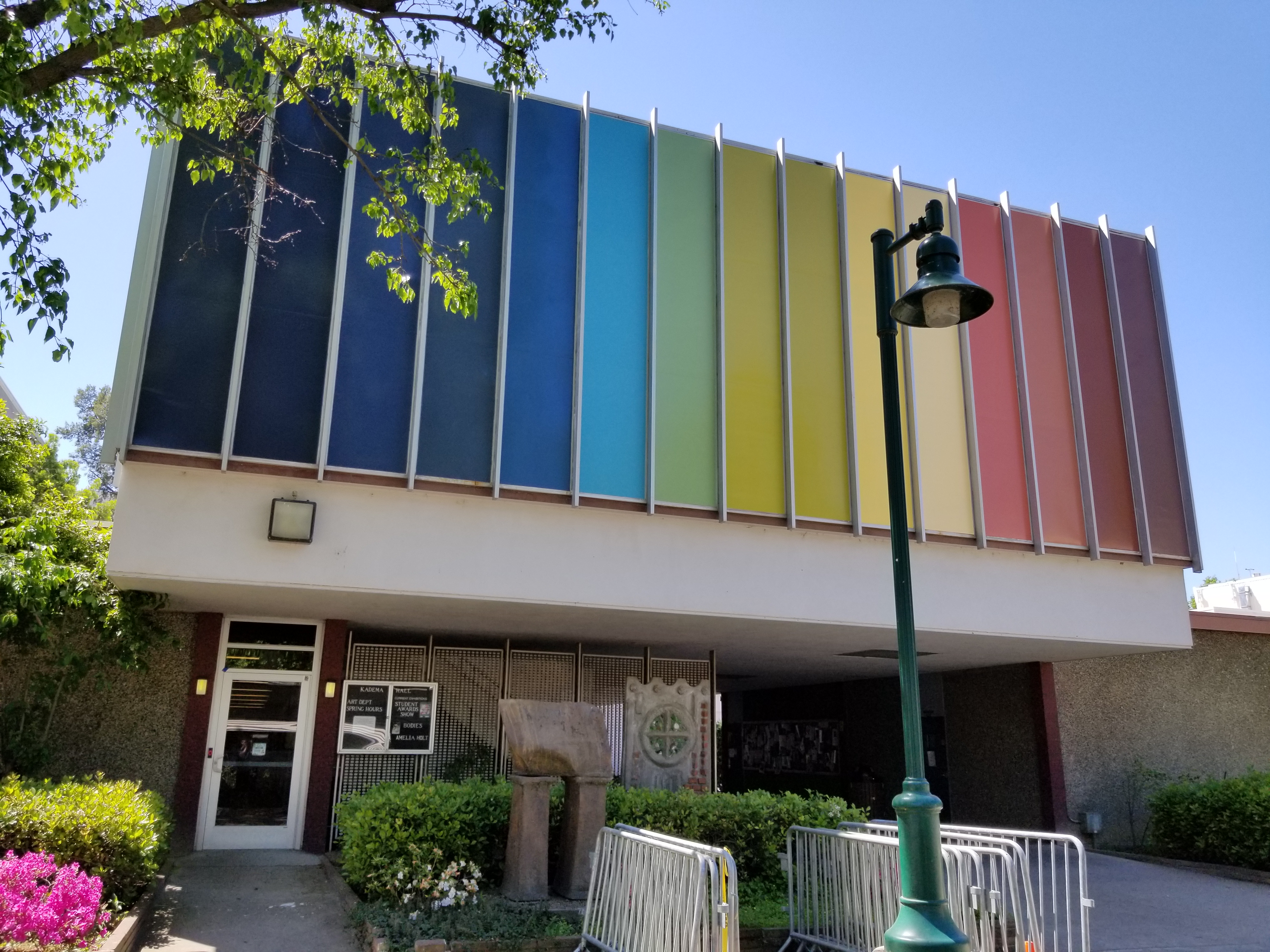 A view of the front of Kadema Hall and it's rainbow mural