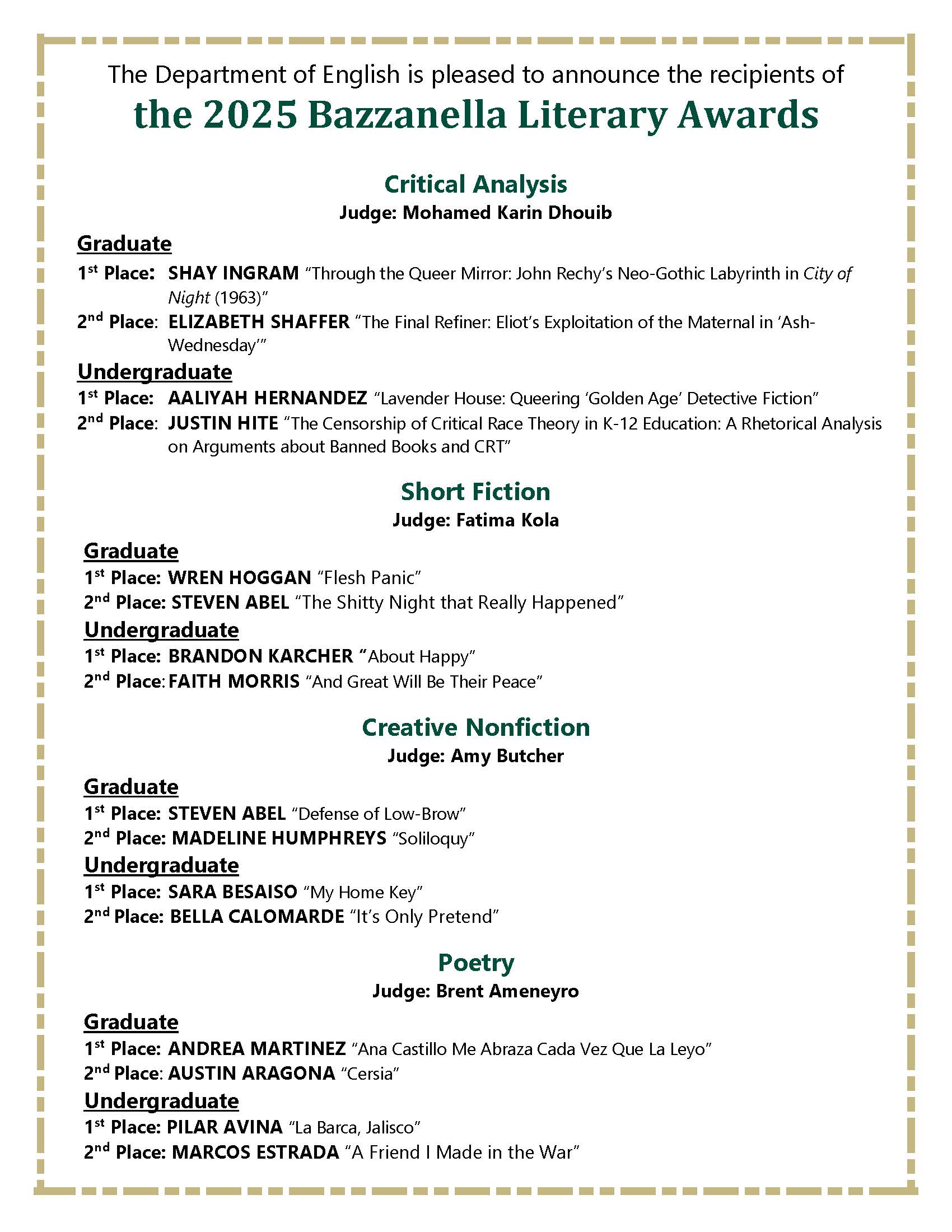 list of Bazzanella award recipients