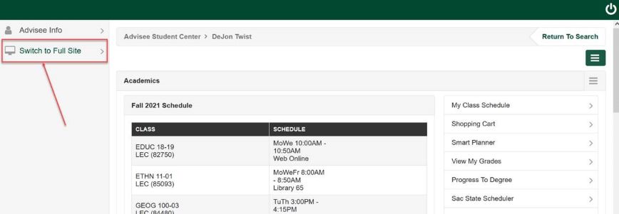 Switch to Full Site Student Center