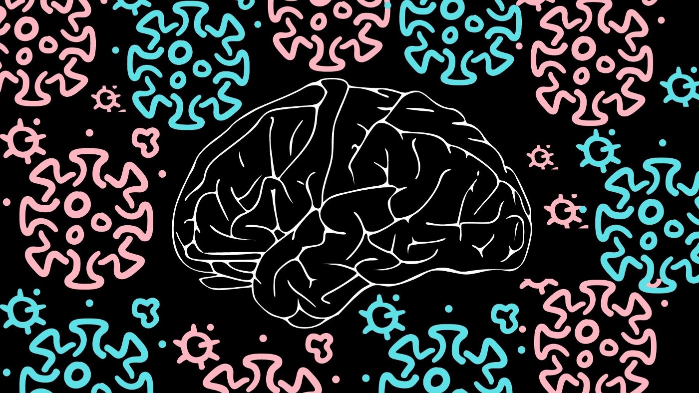 illustration image of the brain surrounded by CoViD-19 molecules