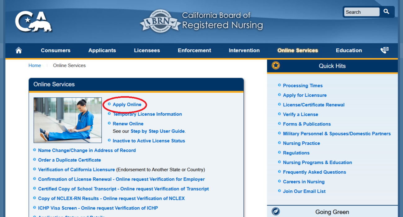 BRN website with Apply Online option circled in red.