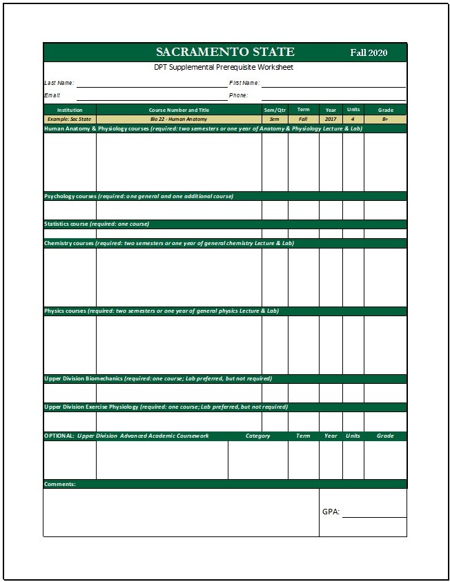 DPT Supplemental Prerequisite Worksheet