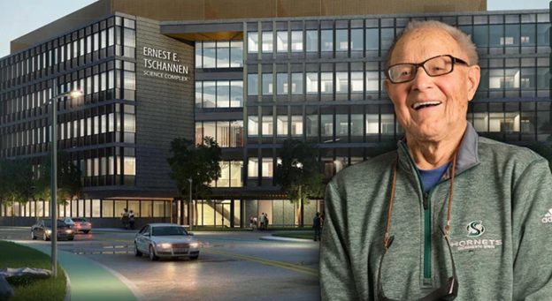 Ernest E. Tschannen in front of the Sac State Science Complex