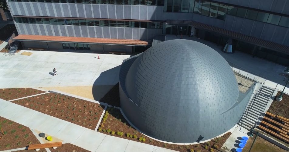 Sac State Planetarium viewed from a drone flying overhead