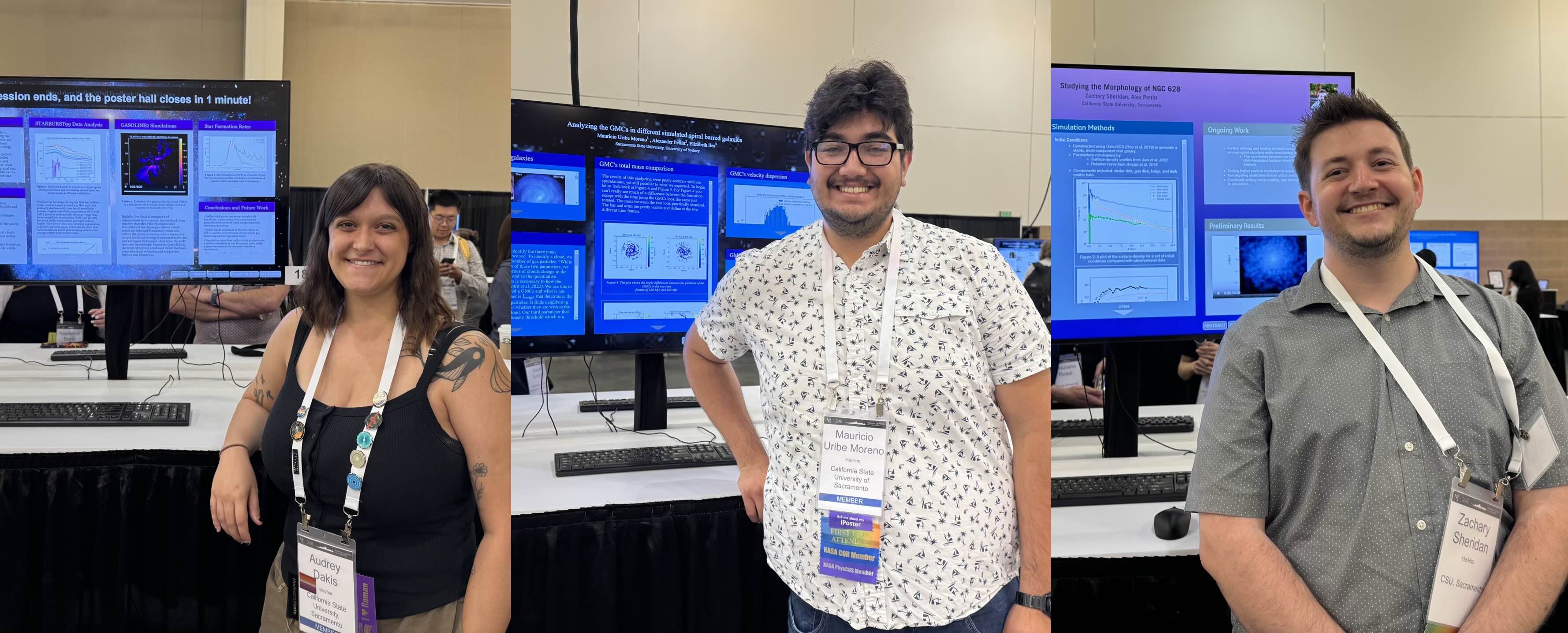 Three students presenting their posters on electronic displays