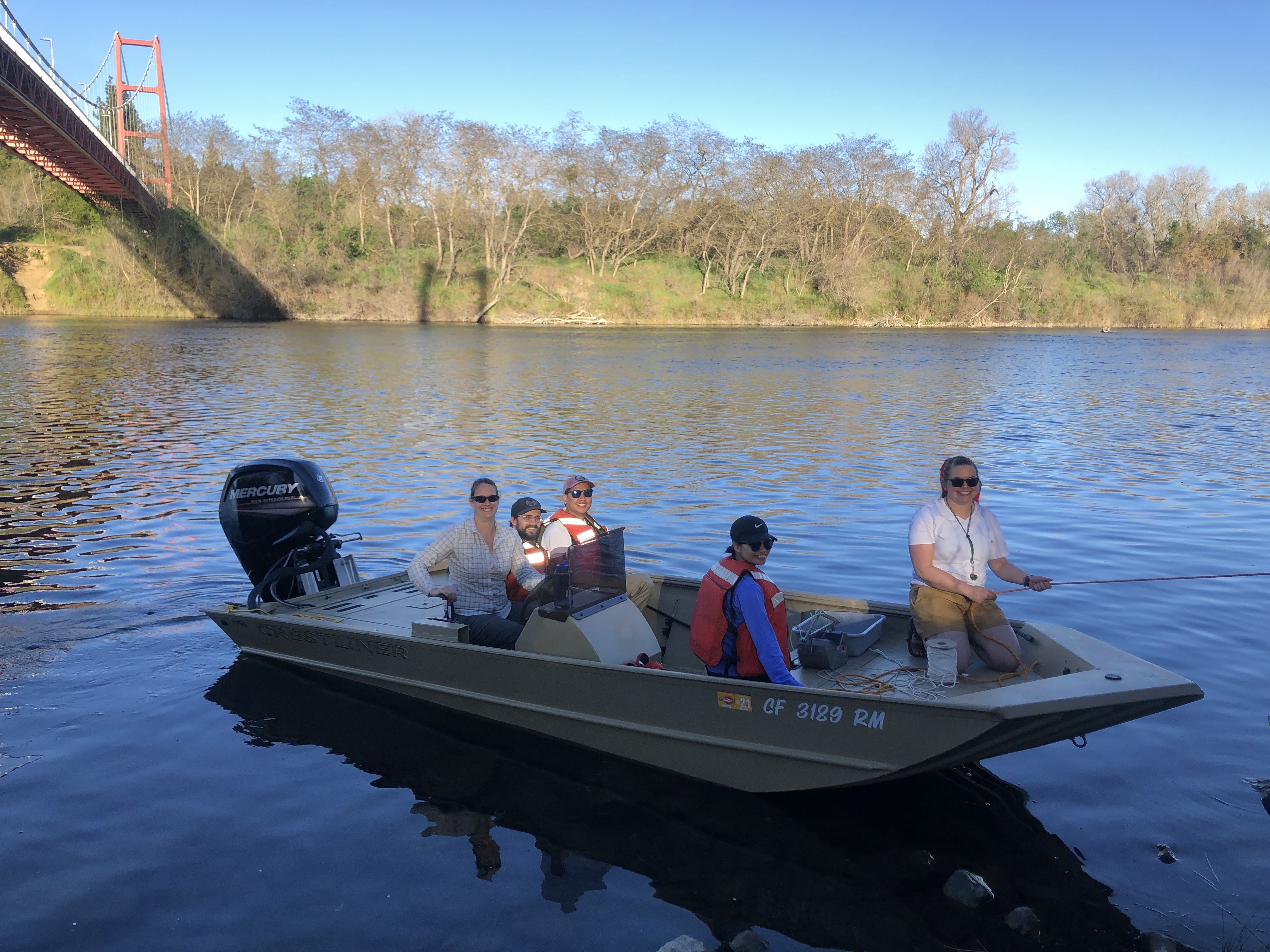 Students and faculty in a boat on the American River