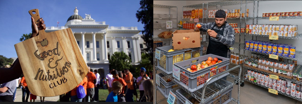Left phot shows a dark brown hand holds a wooden pizza peel that says Food & Nutrition Club. Right photo shows a Dietetic Intern student with a black apron and cap unloading apples from a crate to a carton to be sold. The background shows metal shelves stocked with canned goods.