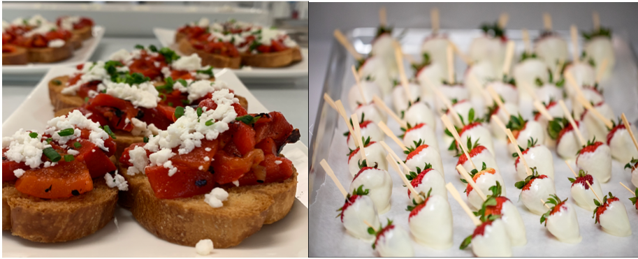 Left photo shows sliced bruschetta topped with roasted red bell peppers chives and feta cheese. Right photo shows strawberries with toothpicks in the stem that have been dipped in white chocolate and are sitting on a wax paper covered cookie sheet. 