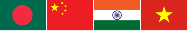 Flags of Bangladesh, China, India and Vietnam