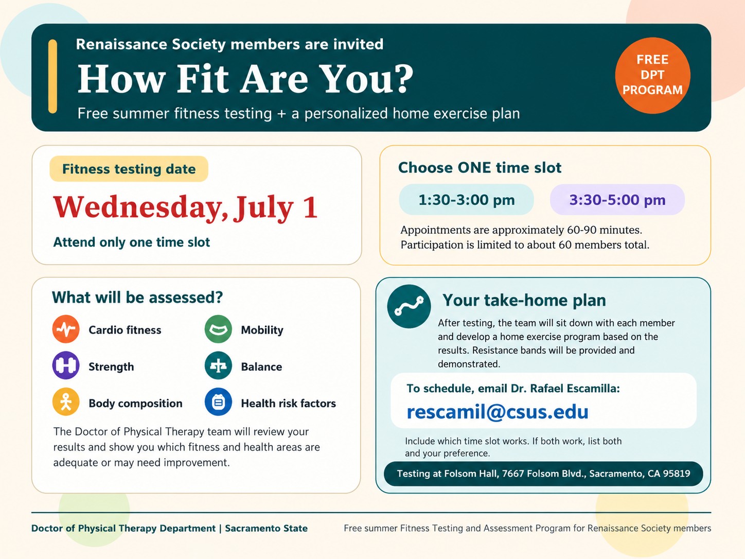 Sign up for free fitness testing email Dr. Rafael Escamilla at rescamil@csus.edu
