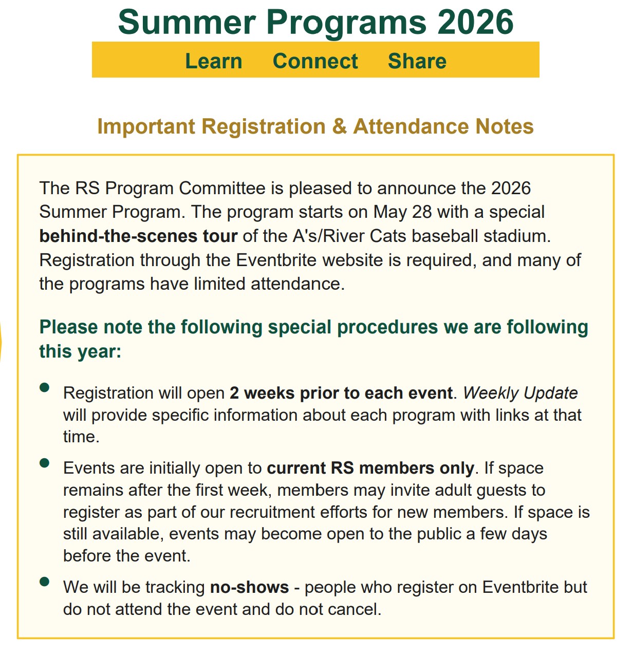 Summer Program Instructions