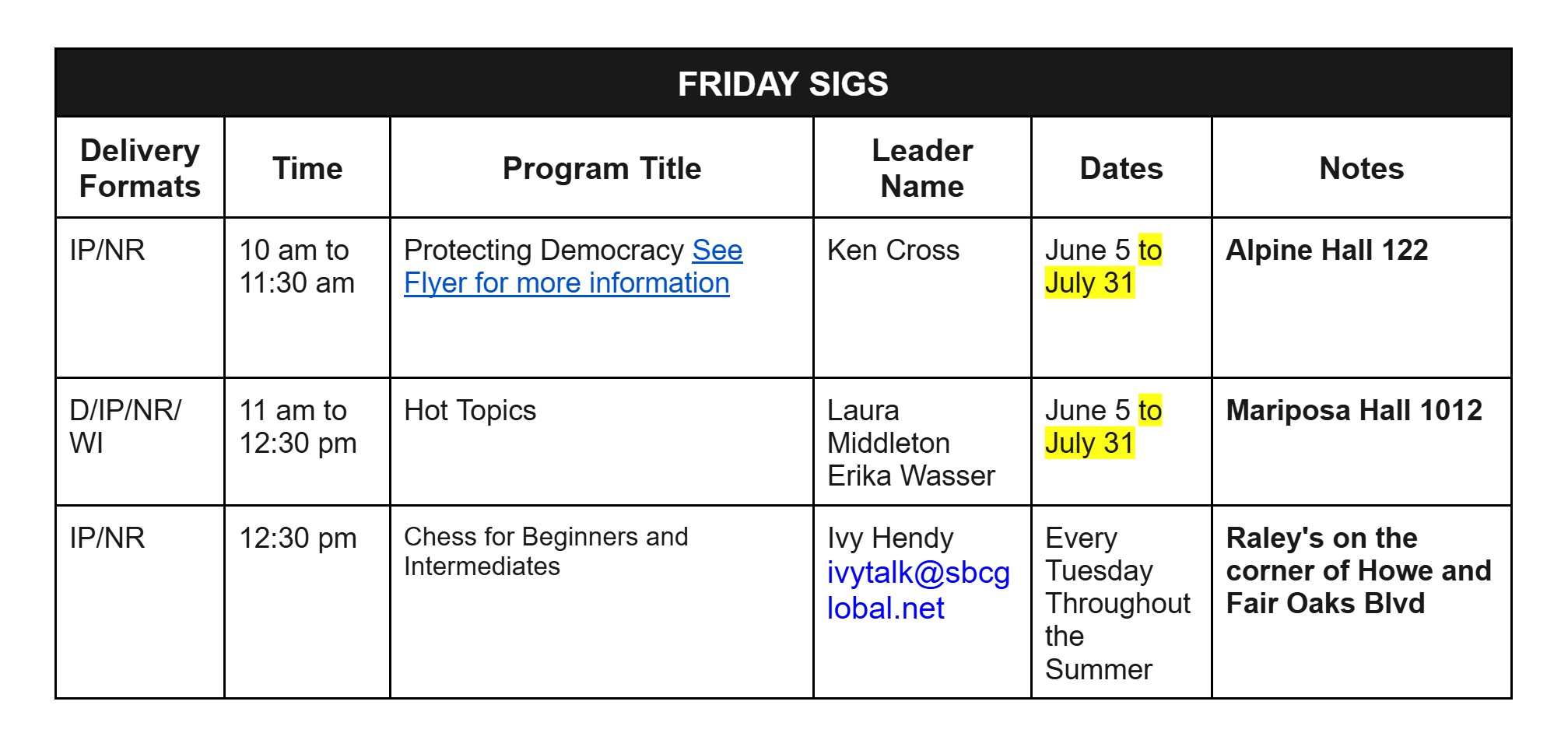 Summer Special Interest Group meeting places and times