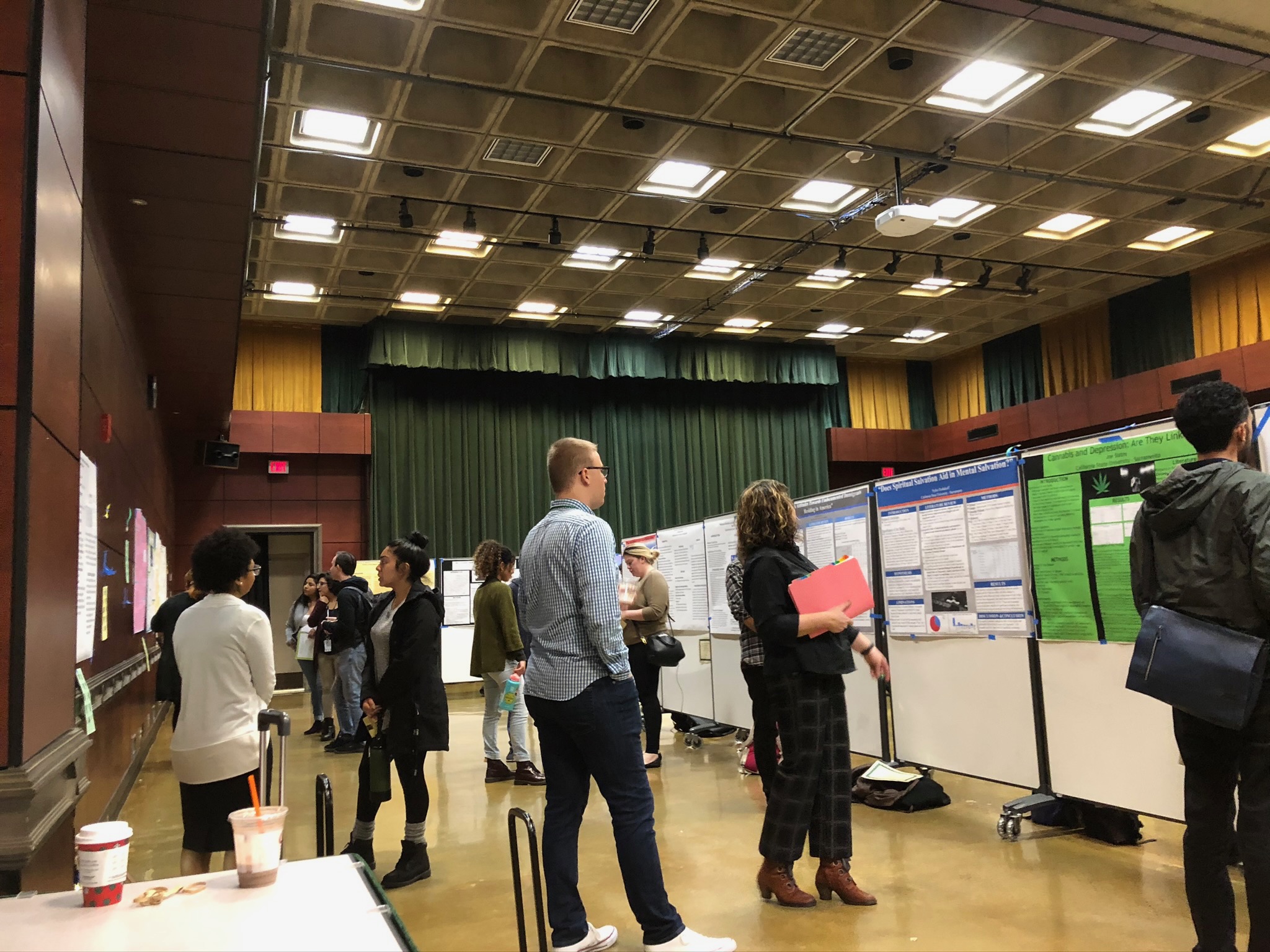 A group of 12 students talking among themselves in front of their presentations.