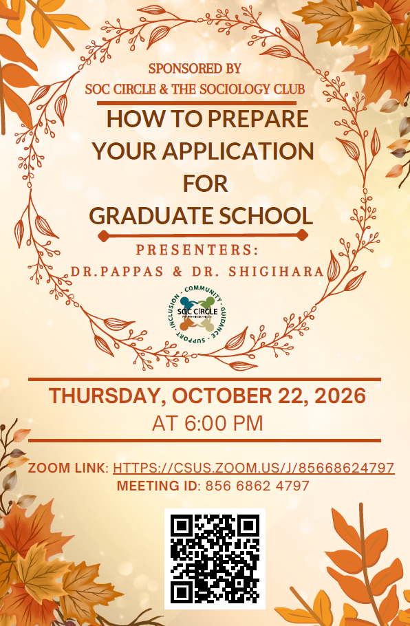 How to prepare your application for graduate school presented by Dr. Pappas and Dr. Shigihara on Thursday Oct 22 at 6PM Zoom ID 856 6862 4797