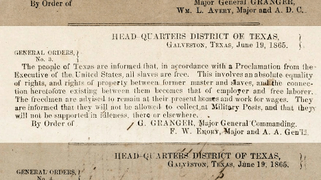 Image of the original written announcement to the district of Texas notifying the people that all slaves are free. 