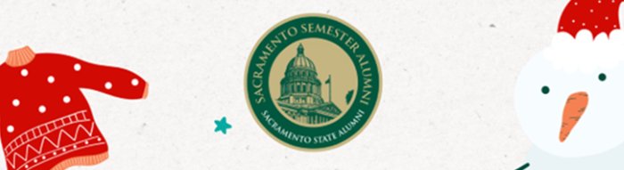 Sacramento Semester Program Alumni Chapter logo with a red sweater and snowman