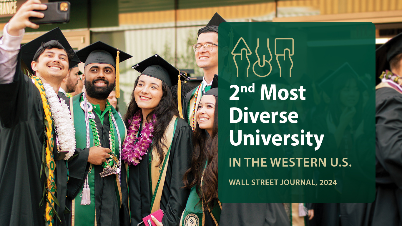 Group of students at commencement with #2 most diverse ranking overlay