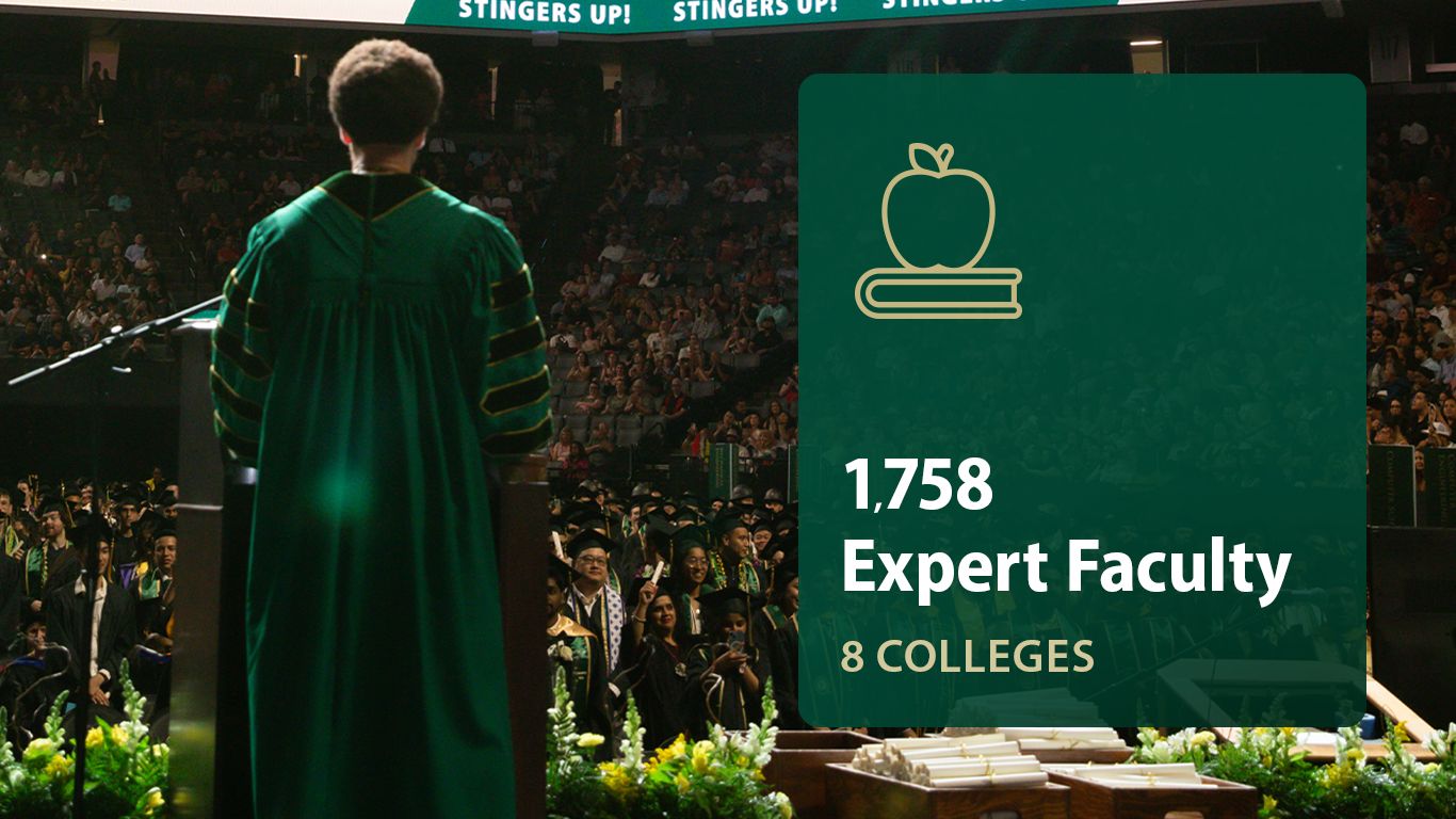 President Wood at podium at commencement with faculty graphic overlay