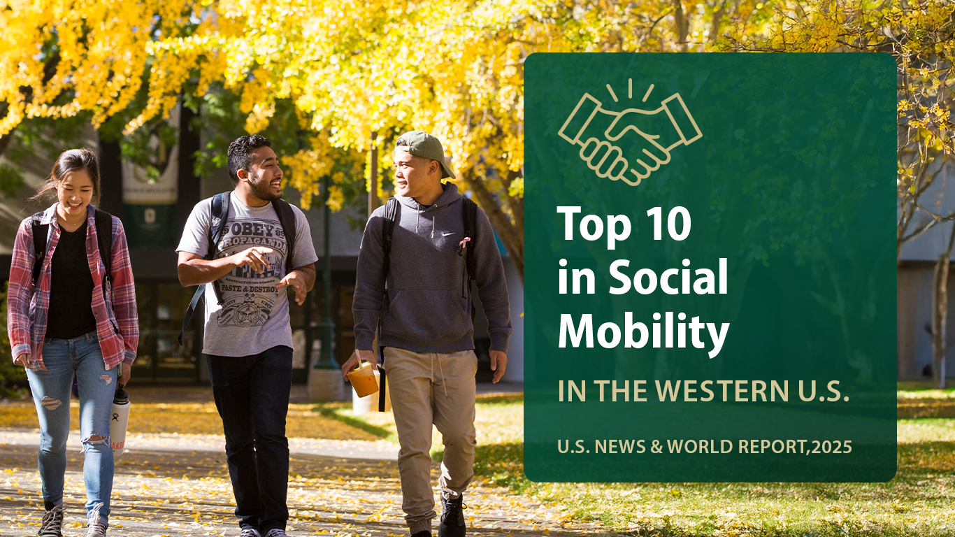 Students walking on campus in fall with top 10 social mobility overlay