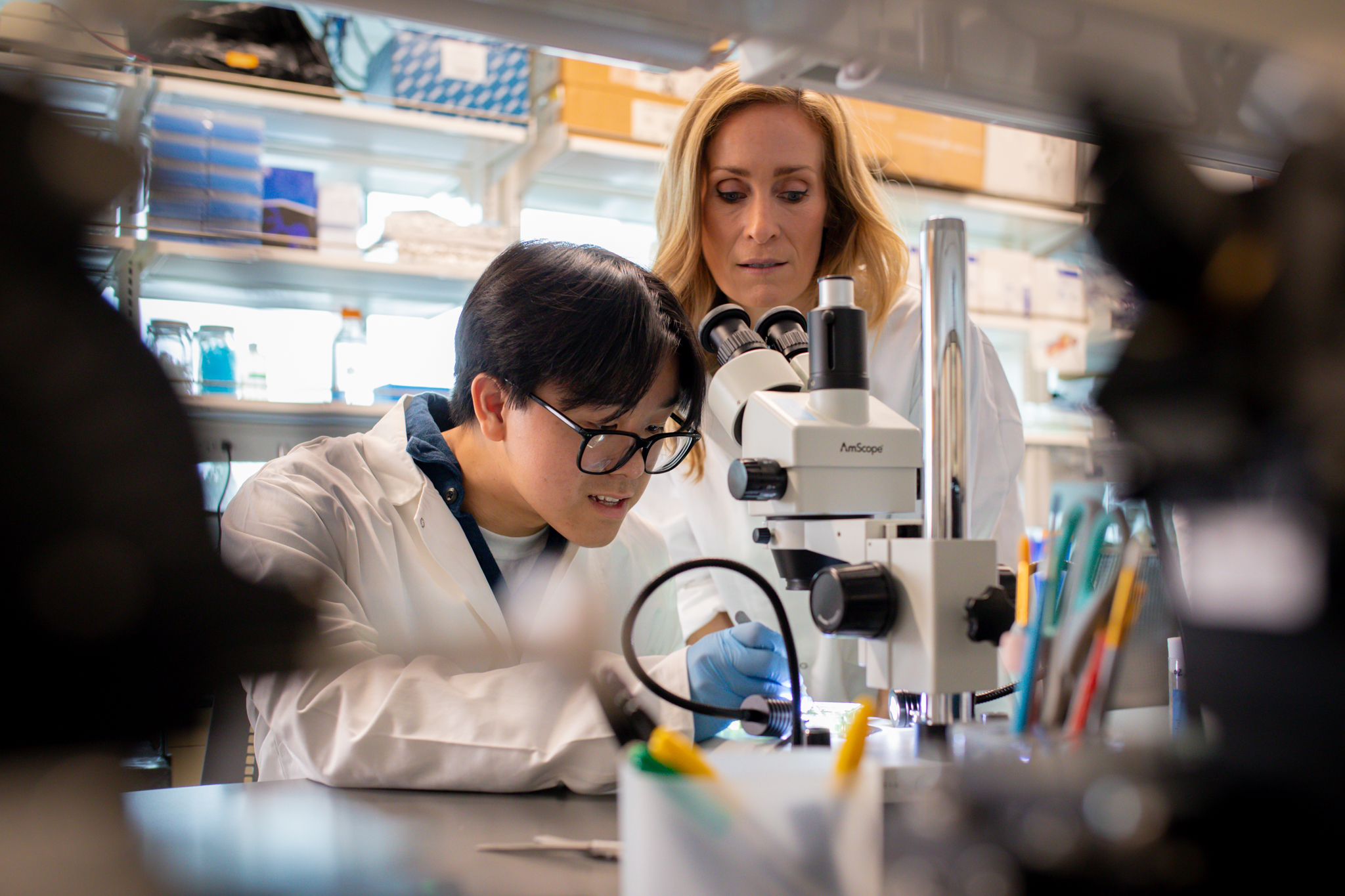 Kimberly Mulligan looks on as a student works with a microscope.