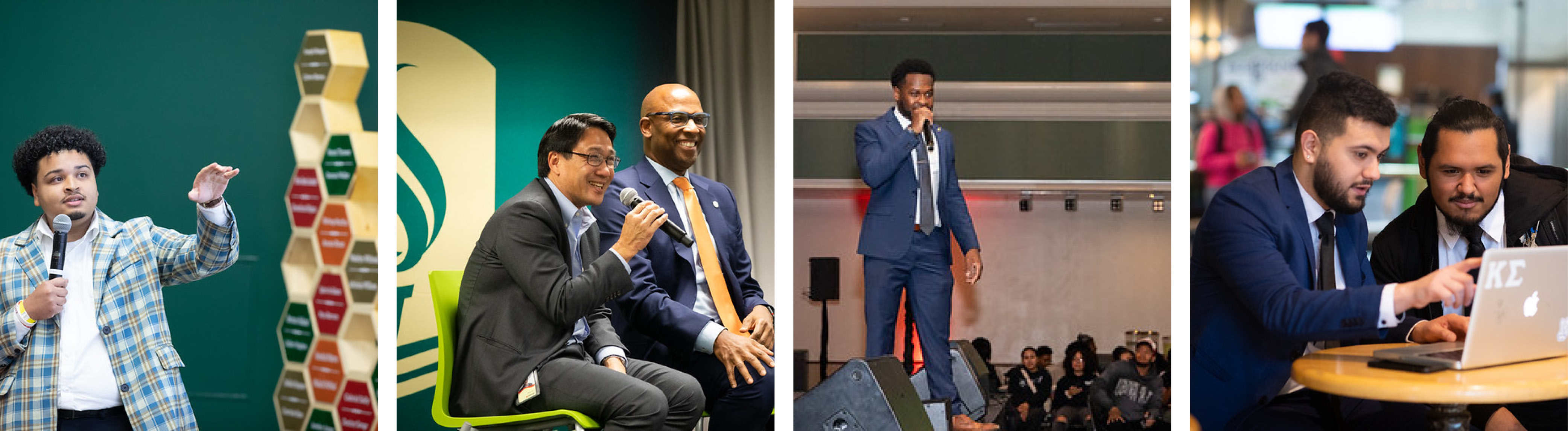 Four images of professionals presenting or mentoring on campus