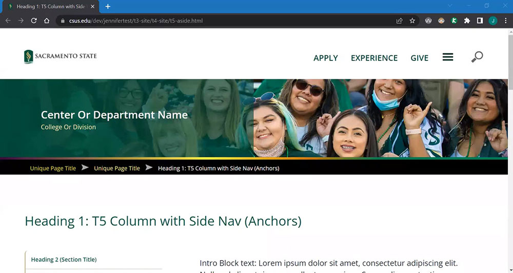 Screenshot of T5 column with side nav template