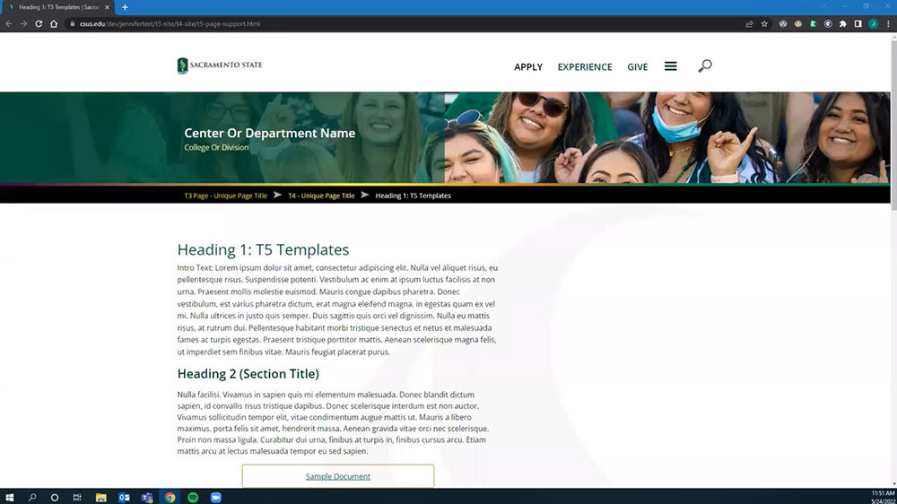 Screenshot of one column T5 template with sample content
