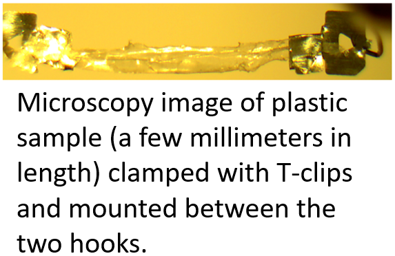 Plastic sample clamped between two T-clips.