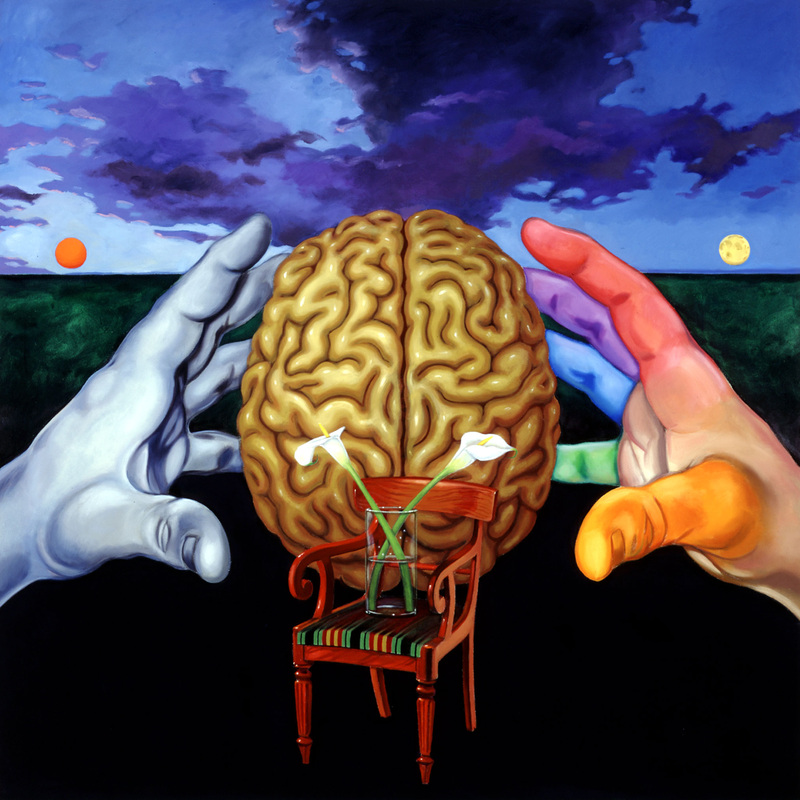 "Left and Right," oil on canvas, by Deaf Artist,Chuck Baird, 2000. Image description: top view of a brain being suspended between two hands.  The left hand is light blue and the right hand has a different color for each finger - green, blue, purple , red, yellow. infront of the brain is a wooden chair, seated on the chair is a clear glass vase with two white calla lillies. In the background is an evening sky with dark clouds, on the left low in the sky is a red sun on the right low in the sky is a light yellow sun or moon.