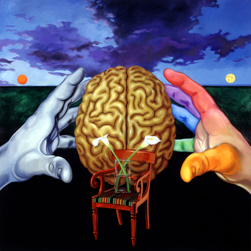 "Left and Right," oil on canvas, by Deaf Artist,Chuck Baird, 2000. Image description: top view of a brain being suspended between two hands.  The left hand is light blue and the right hand has a different color for each finger - green, blue, purple , red, yellow. infront of the brain is a wooden chair, seated on the chair is a clear glass vase with two white calla lillies. In the background is an evening sky with dark clouds, on the left low in the sky is a red sun on the right low in the sky is a light yellow sun or moon.