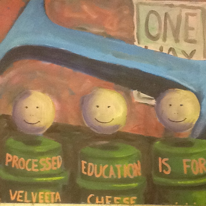 Processed Education is for Velveeta Cheese... [painting by Jennifer Rayman] Image of 3 fisher price green men with their heads floating in space.  a giant letter "I" floating behind them, in front o  